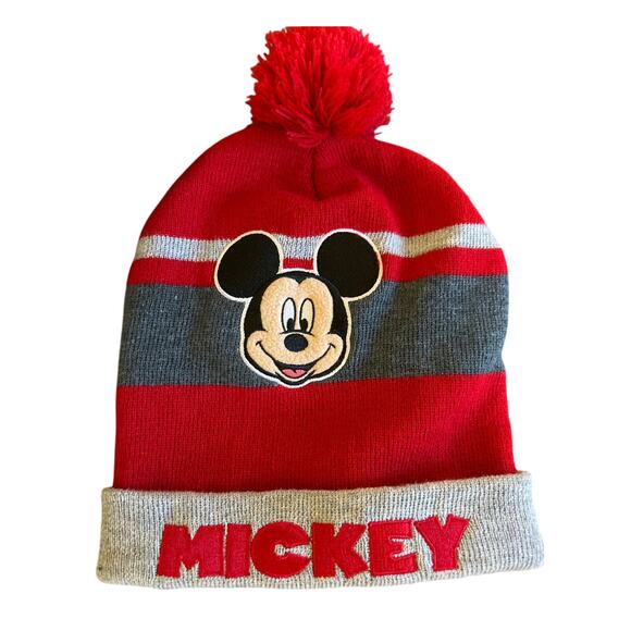 Disney Mickey Mouse Winter Beanie Hat Ski Hat Red & Gray One Size Fits Most - Picture 1 of 4